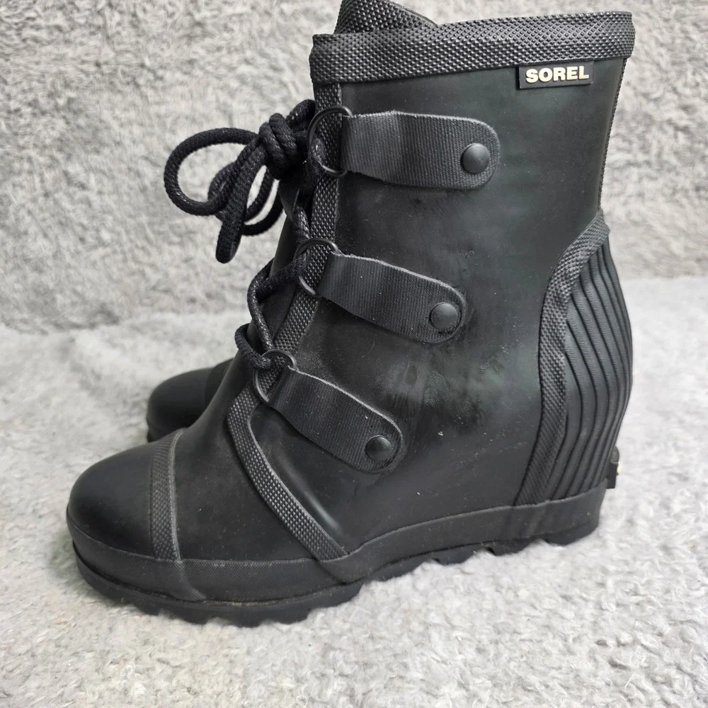 Sorel‎ Medina IV Wedge Rain Boot Black Rubber Combat Goth Snow Women 8.5